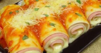 Canelone de presunto e queijo com massa de pastel ou de lasanha