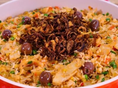 Arroz de Bacalhau Festivo com Cebola Crispy na Air Fryer